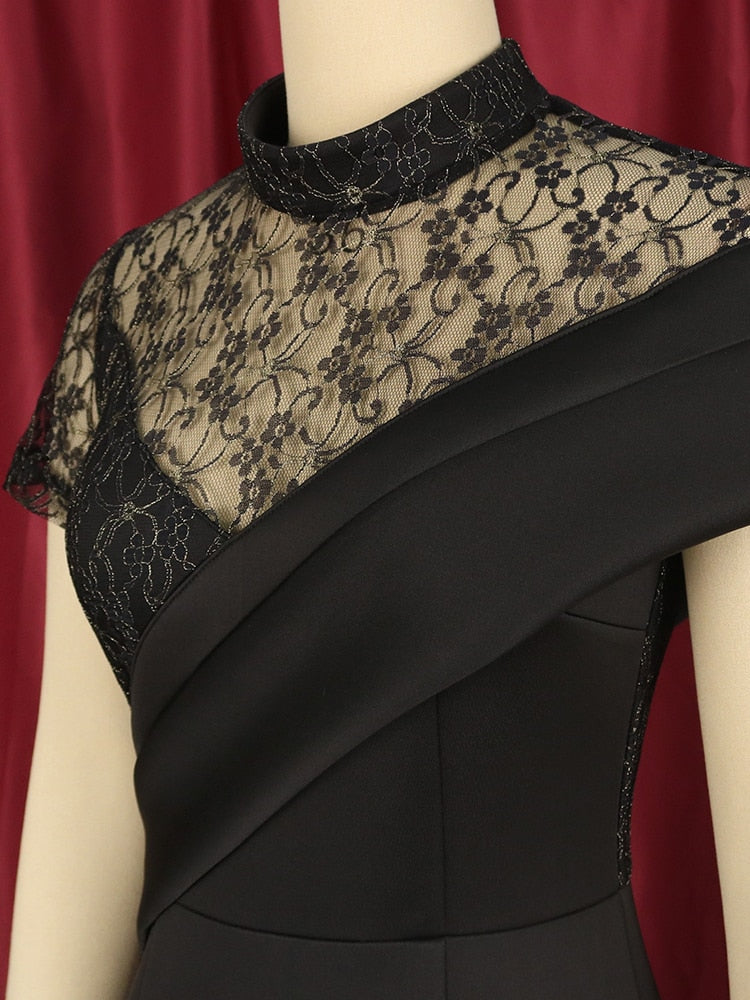 Short Sleeve Elegant Evening Dress With Lace Stitching