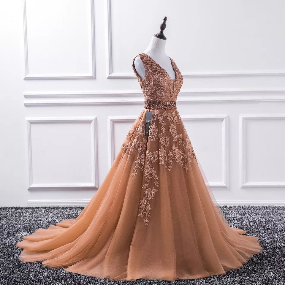 Toffee Sleeveless Tulle and Lace Evening Dress
