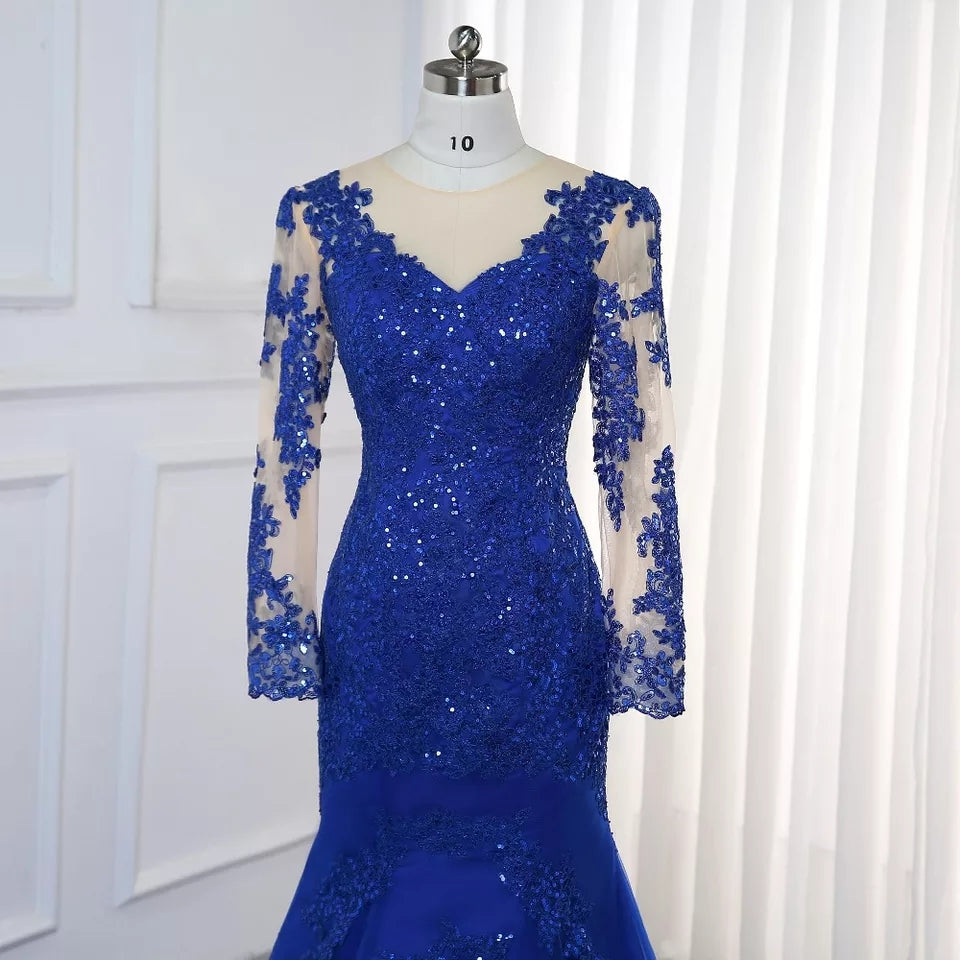 Royal Blue Illusion Back Lace Sleeve Prom/Bridesmaid Dress