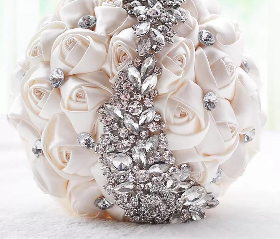 Silk Ribbon Wedding Bouquet with Rhinestone Accents