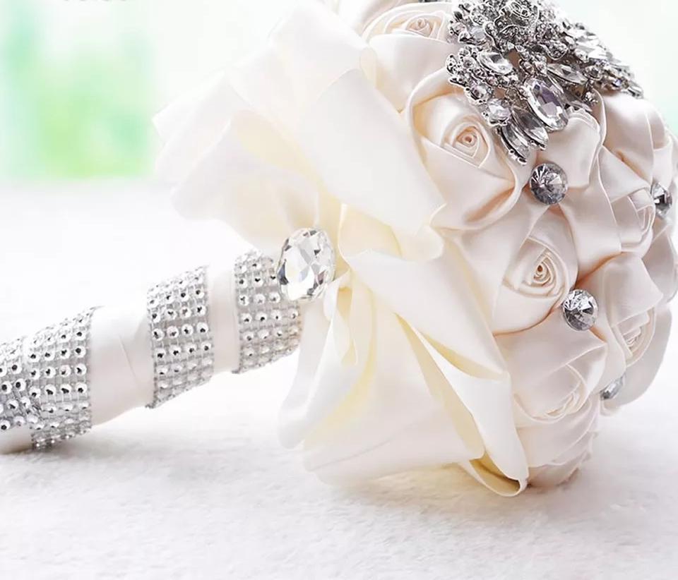Silk Ribbon Wedding Bouquet with Rhinestone Accents