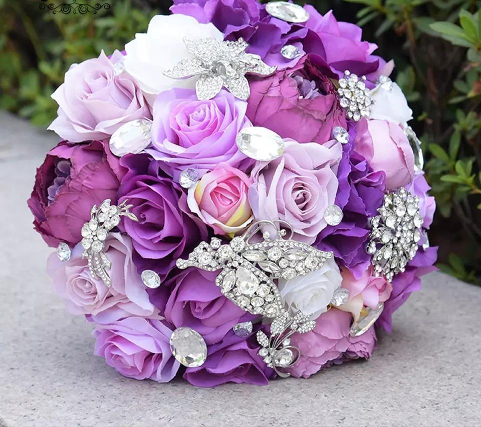 Large Lavender, Dark Purple, and White Silk Rose Wedding Bouquet with Rhinestones