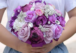 Large Lavender, Dark Purple, and White Silk Rose Wedding Bouquet with Rhinestones