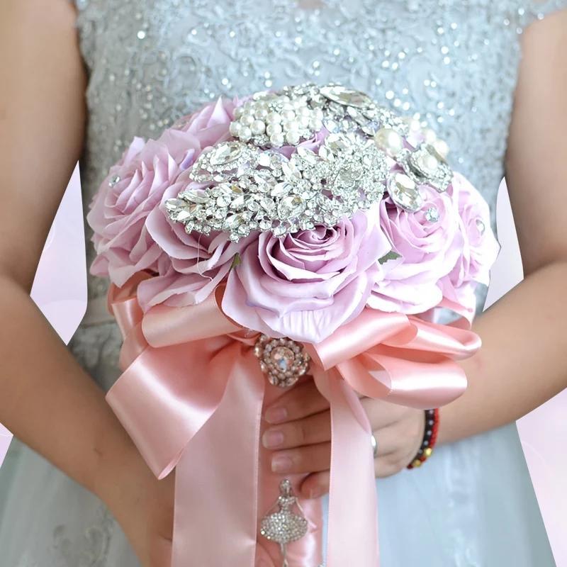 Silk Lavendar Rose Wedding Bouquet with Pearl and Rhinestone Brooches