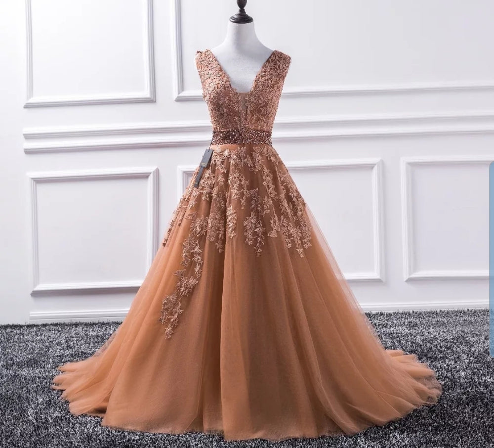 Toffee Sleeveless Tulle and Lace Evening Dress