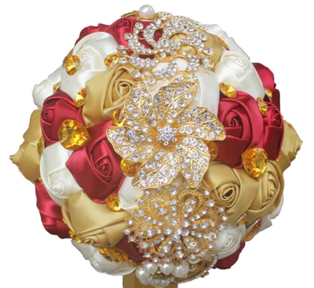 Gold, Red, and White Silk Ribbon Rhinestone Brooch Bridal Bouquet
